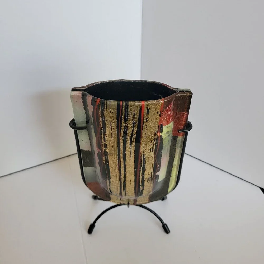 Massi Italian Vase U Shaped Art Glass with Metal Stand 9 1/4